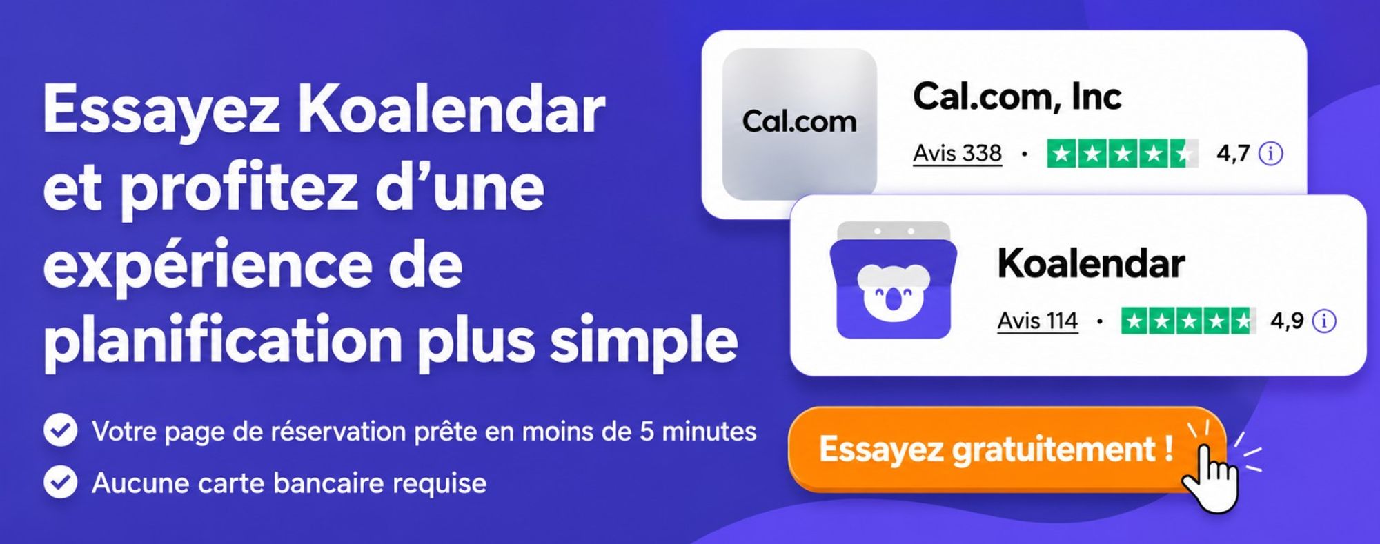 graphique comparatif des avis Koalendar et Cal.com sur Trustpilot, incluant les formules de tarification de Cal.com